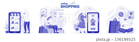 Online shopping isolated set in flat design. People choose clothes and pay for purchases on site, collection of scenes. Vector illustration for blogging, website, mobile app, promotional materials. 136199325