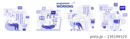 Programmer working isolated set in flat design. People coding, testing, programming software, collection of scenes. Vector illustration for blogging, website, mobile app, promotional materials. 136199329