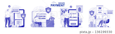 Secure payment isolated set in flat design. People make safe financial transactions, online banking, collection of scenes. Vector illustration for blogging, website, mobile app, promotional materials. 136199330