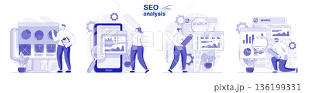 Seo analysis isolated set in flat design. People analyzing site data, optimization, develop strategy collection of scenes. Vector illustration for blogging, website, mobile app, promotional materials. 136199331