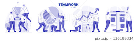 Teamwork isolated set in flat design. People brainstorming, collaboration, work at office together, collection of scenes. Vector illustration for blogging, website, mobile app, promotional materials. 136199334