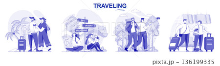 Traveling isolated set in flat design. People go on vacation together, journey and summer hiking, collection of scenes. Vector illustration for blogging, website, mobile app, promotional materials. 136199335