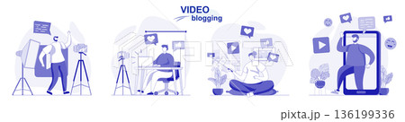 Video blogging isolated set in flat design. People record videos, bloggers create blog content, collection of scenes. Vector illustration for blogging, website, mobile app, promotional materials. Video blogging isolated set in flat design. People record videos, bloggers create blog content, collection of scenes. Vector illustration for blogging, website, mobile app, promotional materials. 136199336