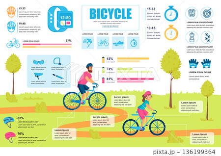 Bicycle concept banner with infographic elements. Athletes in cycling, sport activity and healthy lifestyle. Poster template with graphic data visualization, timeline, workflow. Vector illustration 136199364