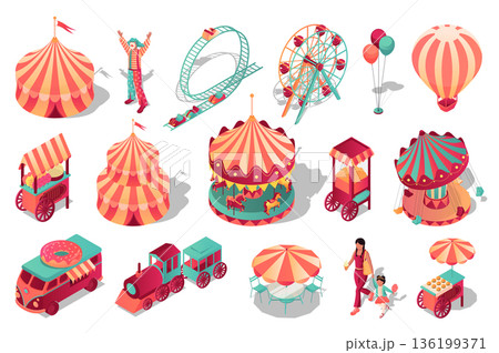 Amusement park 3d isometric set. Collection isolated flat elements of circus tent, clown, roller coaster attraction, ferris wheel, hot air balloon, street vendor kiosks, more. Vector illustration. Amusement park 3d isometric set. Collection isolated flat elements of circus tent, clown, roller coaster attraction, ferris wheel, hot air balloon, street vendor kiosks, more. Vector illustration. 136199371