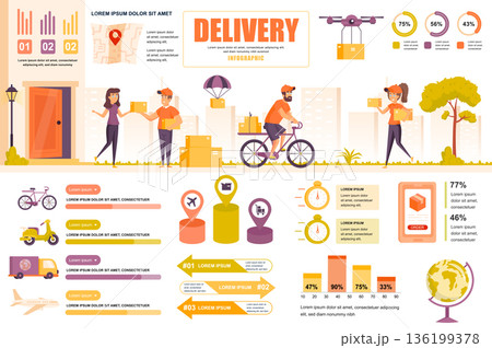 Delivery concept banner with infographic elements. Courier delivering parcels, global logistics, fast shipping. Poster template with graphic data visualization, timeline, workflow. Vector illustration 136199378