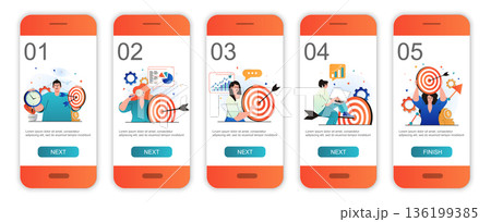 Business target concept onboarding screens for mobile app templates. Targeting, marketing success. Modern UI, UX, GUI screens user interface kit with people scenes for web design. Vector illustration 136199385