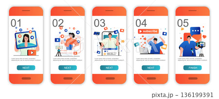 Video blogging concept onboarding screens for mobile app templates. Bloggers create video content. Modern UI, UX, GUI screens user interface kit with people scenes for web design. Vector illustration Video blogging concept onboarding screens for mobile app templates. Bloggers create video content. Modern UI, UX, GUI screens user interface kit with people scenes for web design. Vector illustration 136199391