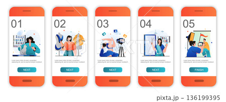 Women working concept onboarding screens for mobile app templates. Female different professions. Modern UI, UX, GUI screens user interface kit with people scenes for web design. Vector illustration Women working concept onboarding screens for mobile app templates. Female different professions. Modern UI, UX, GUI screens user interface kit with people scenes for web design. Vector illustration 136199395