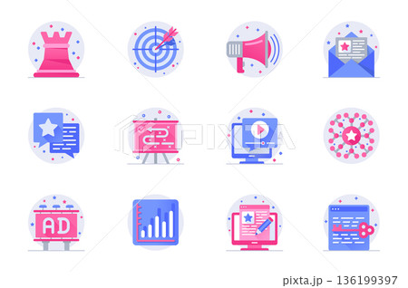 Marketing concept web flat color icons with shadow set. Pack pictograms of strategy, target, ad campaign, email newsletter and other. Vector illustration of symbols for website mobile app design 136199397