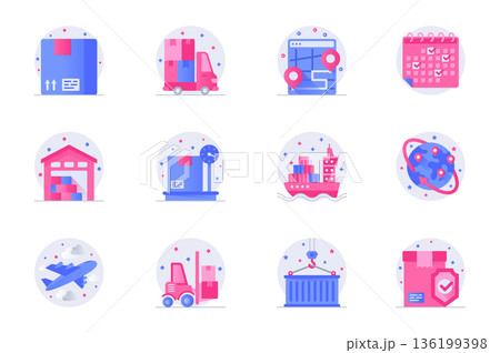Shipping concept web flat color icons with shadow set. Pack pictograms of parcel, delivery, tracking, warehouse, plane, truck and other. Vector illustration of symbols for website mobile app design Shipping concept web flat color icons with shadow set. Pack pictograms of parcel, delivery, tracking, warehouse, plane, truck and other. Vector illustration of symbols for website mobile app design 136199398