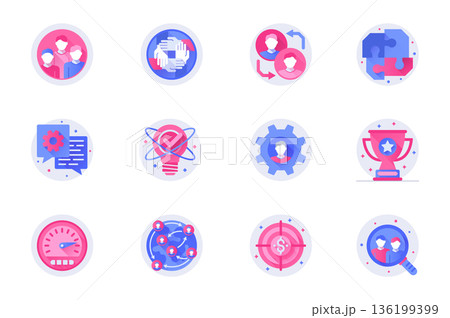 Teamwork concept web flat color icons with shadow set. Pack pictograms of business team, company, cooperation, leadership, work and other. Vector illustration of symbols for website mobile app design 136199399