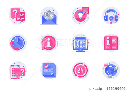 Customer support concept web flat color icons with shadow set. Pack pictograms of chat, message, email, assistant, headset and other. Vector illustration of symbols for website mobile app design Customer support concept web flat color icons with shadow set. Pack pictograms of chat, message, email, assistant, headset and other. Vector illustration of symbols for website mobile app design 136199401
