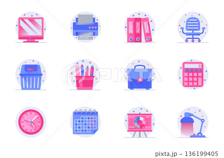 Office supplies concept web flat color icons with shadow set. Pack pictograms of computer, printer, folder, chair, briefcase and other. Vector illustration of symbols for website mobile app design Office supplies concept web flat color icons with shadow set. Pack pictograms of computer, printer, folder, chair, briefcase and other. Vector illustration of symbols for website mobile app design 136199405