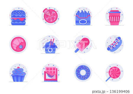 Fast food concept web flat color icons with shadow set. Pack pictograms of hamburger, pizza, fries, croissant, donut, ice cream and other. Vector illustration of symbols for website mobile app design Fast food concept web flat color icons with shadow set. Pack pictograms of hamburger, pizza, fries, croissant, donut, ice cream and other. Vector illustration of symbols for website mobile app design 136199406