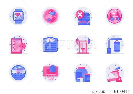 Fitness concept web flat color icons with shadow set. Pack pictograms of healthy diet, cycling, scales, gym, pool, basketball and other. Vector illustration of symbols for website mobile app design Fitness concept web flat color icons with shadow set. Pack pictograms of healthy diet, cycling, scales, gym, pool, basketball and other. Vector illustration of symbols for website mobile app design 136199416