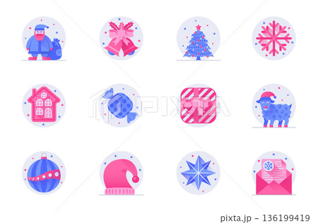 Christmas concept web flat color icons with shadow set. Pack pictograms of Santa Claus, bell, tree, snowflake, candy, gift, ball and other. Vector illustration of symbols for website mobile app design Christmas concept web flat color icons with shadow set. Pack pictograms of Santa Claus, bell, tree, snowflake, candy, gift, ball and other. Vector illustration of symbols for website mobile app design 136199419
