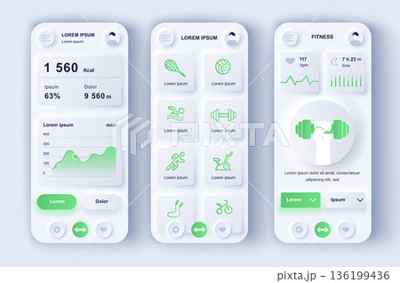 Fitness workout concept neumorphic templates set. Calorie tracker, different sports training, statistics data. UI, UX, GUI screens for responsive mobile app. Vector design kit in neumorphism style 136199436