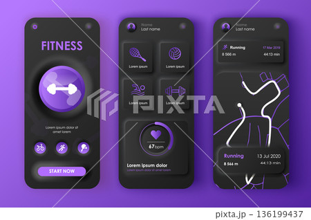 Fitness workout concept neumorphic templates set. Tracker different sports training, running routes, statistics. UI, UX, GUI screens for responsive mobile app. Vector design kit in neumorphism style 136199437