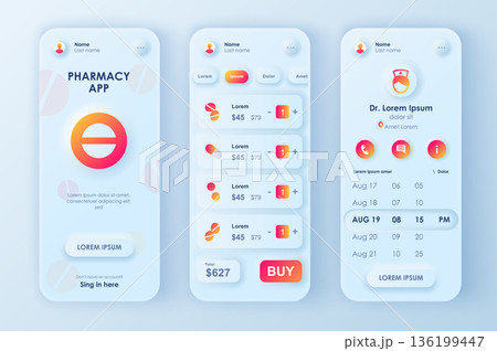 Online pharmacy concept neumorphic templates set. Choose and buy of tablets and medicines, payment for order. UI, UX, GUI screens for responsive mobile app. Vector design kit in neumorphism style 136199447
