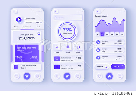 Online banking concept neumorphic templates set. Financial transactions and accounting at smartphone interface. UI, UX, GUI screens for responsive mobile app. Vector design kit in neumorphism style Online banking concept neumorphic templates set. Financial transactions and accounting at smartphone interface. UI, UX, GUI screens for responsive mobile app. Vector design kit in neumorphism style 136199462