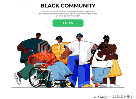Black community web banner concept. African men and women standing together, ethnicity group with person, diversity landing page template. Vector illustration with people scene in flat design 136199468