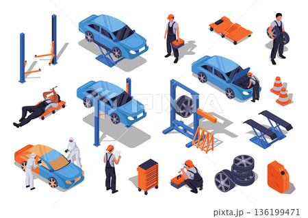 Auto service 3d isometric set. Collection isolated flat elements of garage tools, car lifters, wheel alignment, technicians work, repair equipment, automobile maintenance, more. Vector illustration. 136199471