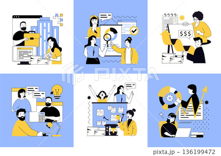 Basic office concept of social media banners set for web design. People communicating, developing business, brainstorming, making investments, planning strategy, earning money. Vector illustrations. 136199472