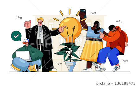 Big idea concept for modern web design. People brainstorming, working at business together, creating success strategy, generating new solutions. Flat vector illustration isolated on white background. Big idea concept for modern web design. People brainstorming, working at business together, creating success strategy, generating new solutions. Flat vector illustration isolated on white background. 136199473
