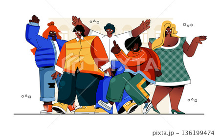 Black community concept for modern web design. African american people standing together, ethnicity diversity group, happy friends in crowd. Flat vector illustration isolated on white background. 136199474