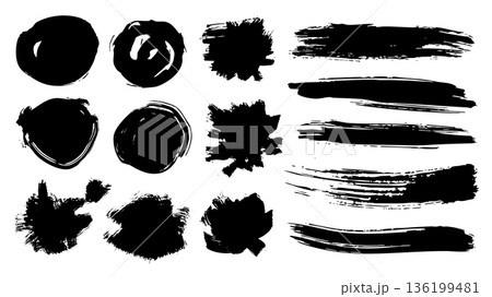 Black paint brush strokes set. Collection of paintbrush smears of round shapes and rectangle stamps with ink splatters texture. Acrylic due blots and marks with scratches edge. Vector illustration. 136199481