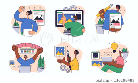 Creative design studio concept set for web design. Collection with people creating content and new project visualization, brainstorming, more. Flat vector illustration isolated on white background. Creative design studio concept set for web design. Collection with people creating content and new project visualization, brainstorming, more. Flat vector illustration isolated on white background. 136199499