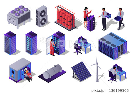 Data center 3d isometric set. Collection isolated flat elements of hardware, server racks, technicians, administration process, computer technology, network, database, more. Vector illustration. Data center 3d isometric set. Collection isolated flat elements of hardware, server racks, technicians, administration process, computer technology, network, database, more. Vector illustration. 136199506