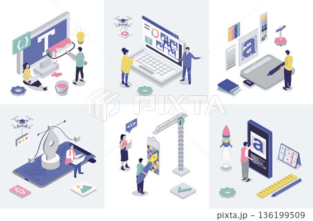 Designer studio 3d isometry concept for web design. Collection set with isometric people creating interface layouts and graphic content, using drawing tools and typescripts. Vector illustration. 136199509