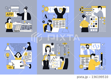 Design software development concept of social media banners set for web. People creating program code, engineering back end design and programming interface and user layouts. Vector illustrations. Design software development concept of social media banners set for web. People creating program code, engineering back end design and programming interface and user layouts. Vector illustrations. 136199510