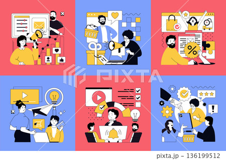 Digital content marketing concept of social media banners set for web design. People making internet advertising, online promotion for attracting clients, offering bonus, gifts. Vector illustrations. 136199512