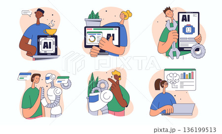 Digital engineering concept set for web design. Collection with people interact with ai technology, machine learning, robotics science, more. Flat vector illustration isolated on white background. 136199513