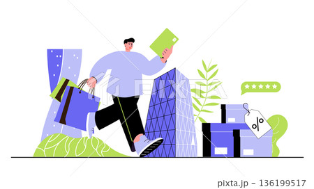 Discount sale concept for modern web design. People buying new products on sale at best prices, paying for purchases with store loyalty program. Flat vector illustration isolated on white background. 136199517