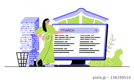 Distance learning concept for modern web design. People studying online, searching new information using laptop, watching lectures and lessons. Flat vector illustration isolated on white background. 136199518