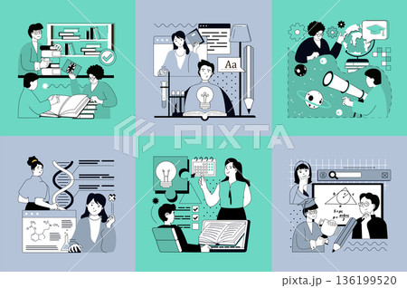 Education concept of social media banners set for web design. People learning science, reading book, studying at school lessons, gain knowledge and skills, training at tutorials. Vector illustrations. 136199520