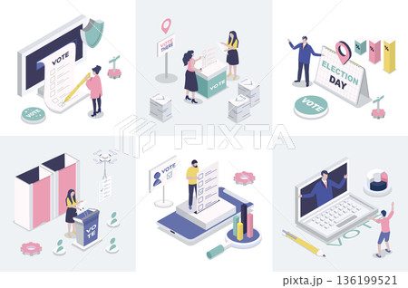 Election and voting 3d isometry concept for web design. Collection set with isometric people using inline vote system, making democratic choices, supporting political candidates. Vector illustration. 136199521