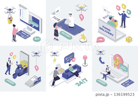 Food delivery 3d isometry concept for web design. Collection set with isometric people ordering online pizza or grocery menu in bags, using fast courier shipping service to home. Vector illustration. 136199523