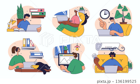 Freelance worker concept set for web design. Collection with people working distantly at laptops, connecting online, do tasks in home, more. Flat vector illustration isolated on white background. 136199525