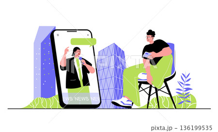 Journalism concept for modern web design. People watching news at video chanel in app, journalist with microphone making reportage for tv show. Flat vector illustration isolated on white background. 136199535