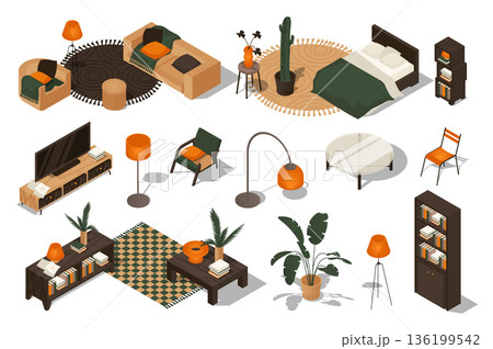 Interior furniture 3d isometric set. Collection isolated flat elements of living room, sofa, armchairs, bedroom, bed, tv on table, chairs, plants in pot, shelf, decoration, more. Vector illustration. 136199542