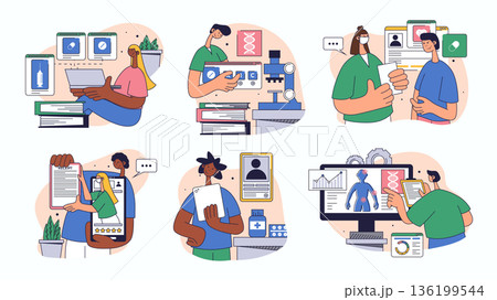 Medical technology concept set for web design. Collection with people ordering in online pharmacy, doctor consultation, patient therapy, more. Flat vector illustration isolated on white background. 136199544
