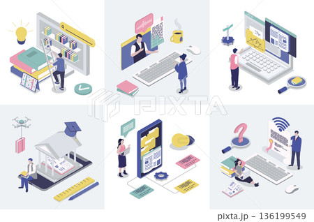 Online education 3d isometry concept for web design. Collection set with isometric people studying distantly at school, college or university platforms, reading digital books. Vector illustration. 136199549