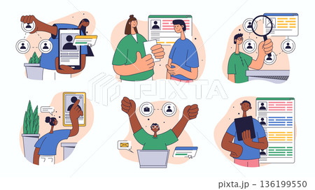 Online recruitment concept set for web design. Collection with people searching best cv, candidate interview, hiring employee in staff, more. Flat vector illustration isolated on white background. 136199550