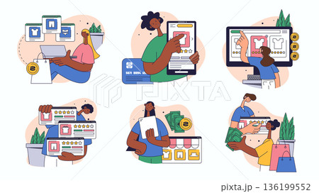 Online shopping concept set for web design. Collection with people choosing and buying products, ordering in app, paying in mobile banking, more. Flat vector illustration isolated on white background. Online shopping concept set for web design. Collection with people choosing and buying products, ordering in app, paying in mobile banking, more. Flat vector illustration isolated on white background. 136199552