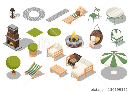Outdoor furniture 3d isometric set. Collection isolated flat elements of lantern, garden path, lounger, chairs, table, bbq fireplace, potted plant, umbrella, patio, sofa, more. Vector illustration. 136199553